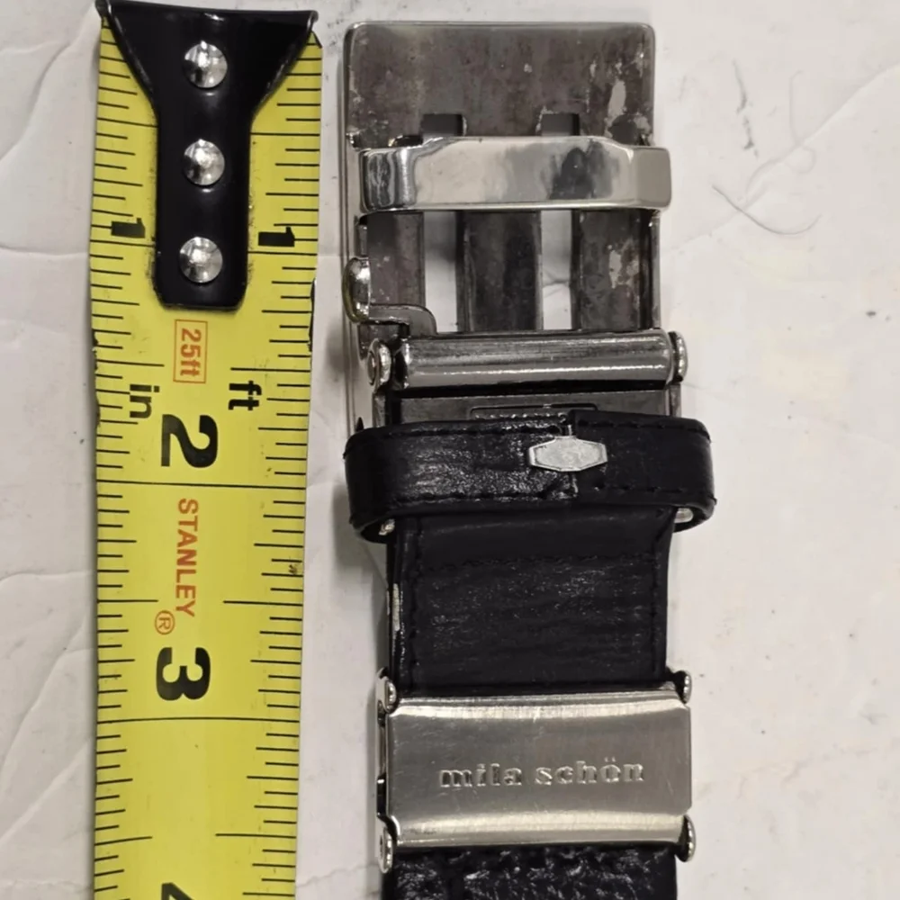 Mila Schon Black Leather‎ Silver Tone Buckle Belt